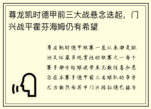 尊龙凯时德甲前三大战悬念迭起，门兴战平霍芬海姆仍有希望
