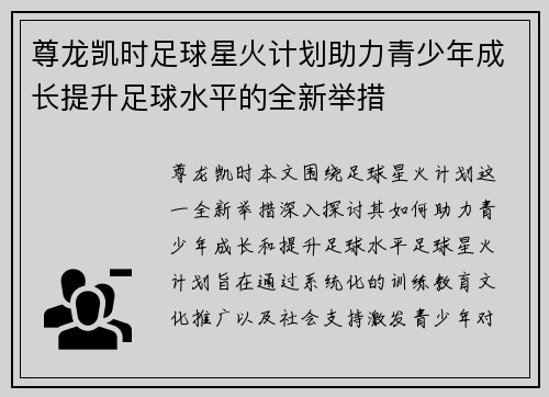 尊龙凯时足球星火计划助力青少年成长提升足球水平的全新举措