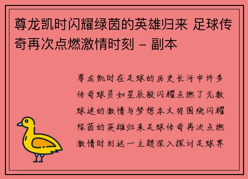 尊龙凯时闪耀绿茵的英雄归来 足球传奇再次点燃激情时刻 - 副本