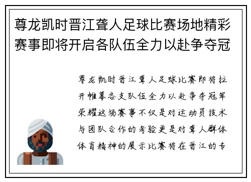 尊龙凯时晋江聋人足球比赛场地精彩赛事即将开启各队伍全力以赴争夺冠军荣耀