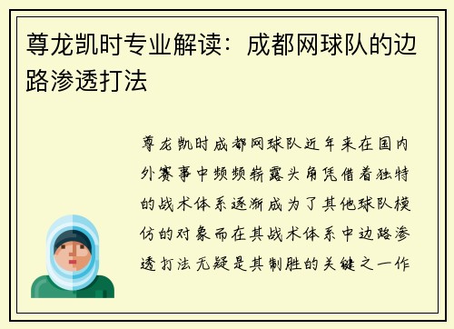 尊龙凯时专业解读：成都网球队的边路渗透打法