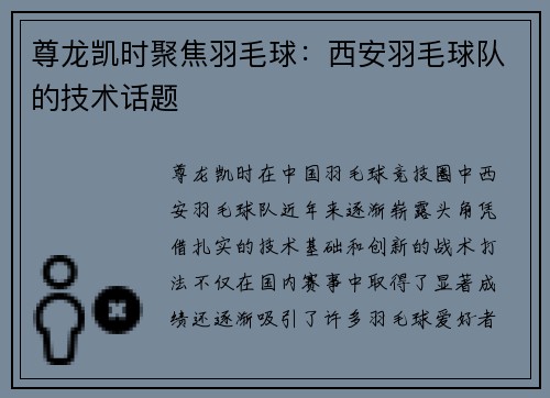 尊龙凯时聚焦羽毛球：西安羽毛球队的技术话题