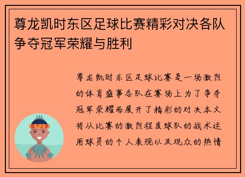 尊龙凯时东区足球比赛精彩对决各队争夺冠军荣耀与胜利