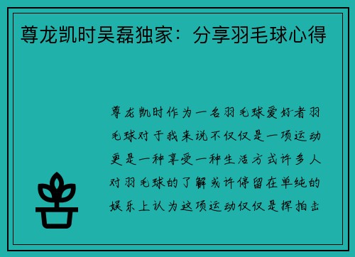 尊龙凯时吴磊独家：分享羽毛球心得