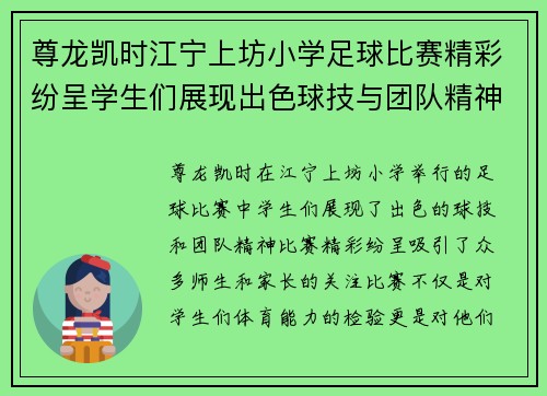 尊龙凯时江宁上坊小学足球比赛精彩纷呈学生们展现出色球技与团队精神