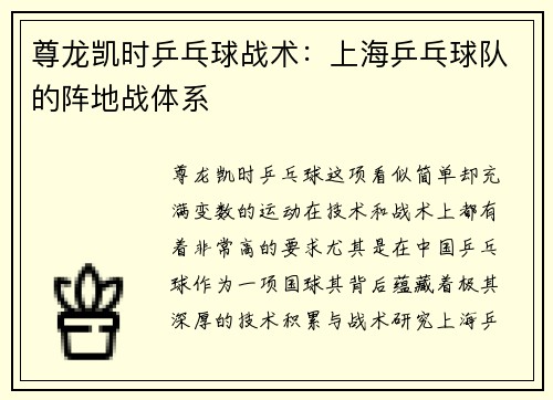 尊龙凯时乒乓球战术：上海乒乓球队的阵地战体系