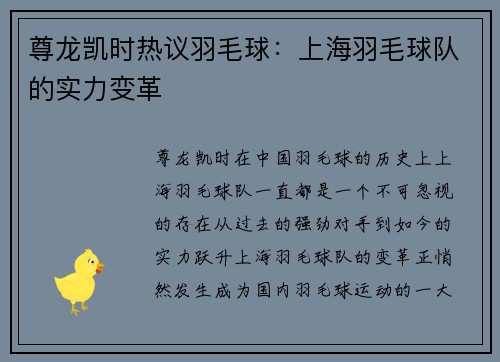 尊龙凯时热议羽毛球：上海羽毛球队的实力变革