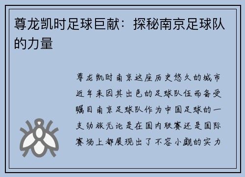 尊龙凯时足球巨献：探秘南京足球队的力量